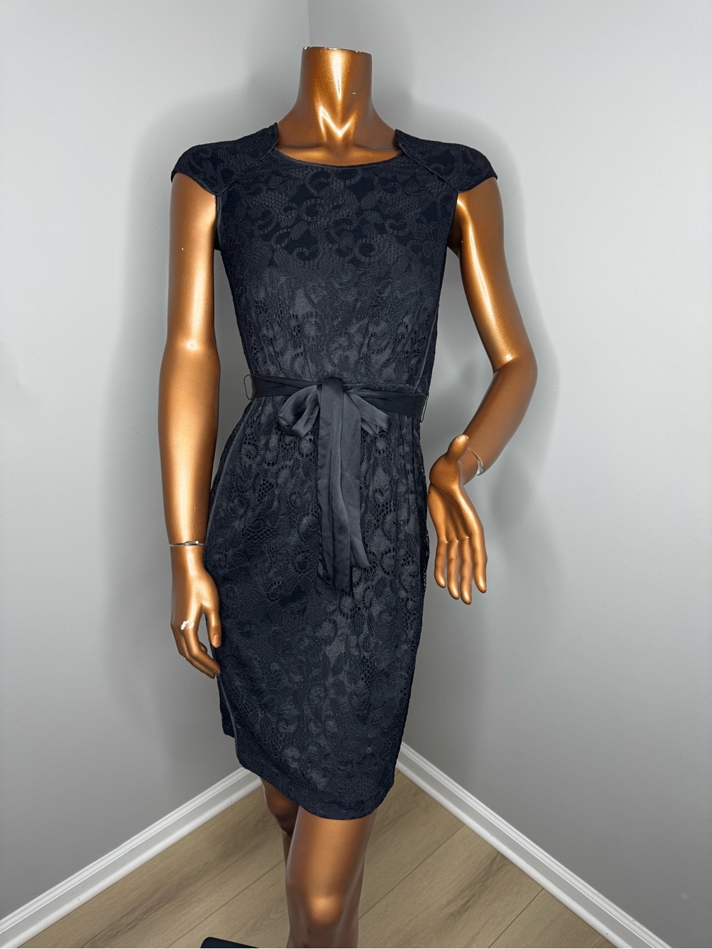 Natori Black Lace Midi Dress with Waist Sash